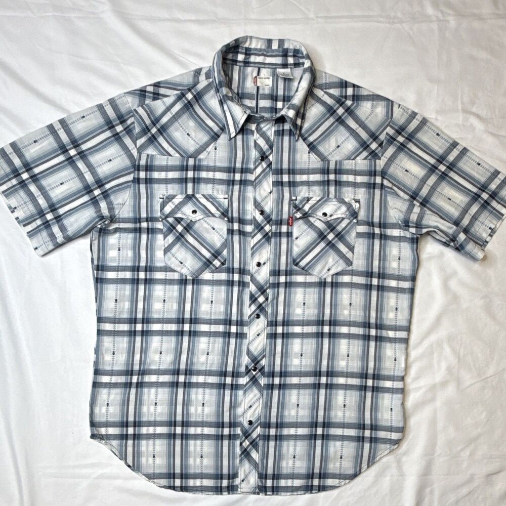 Levi's Mens Blue White Plaid Short Sleeve Pearl Button-Up Shirt Skull Graphic L